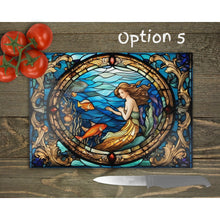 Load image into Gallery viewer, Vintage Mermaid Faux Stained Glass Cutting Board - Elegant Cheese Serving Platter and Glass Worktop Saver - Unique Housewarming Gift