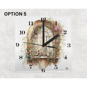 Floral Window Glass Desk Clock, housewarming, birthday, anniversary, retirement gift for family, loved ones, freinds, colleagues