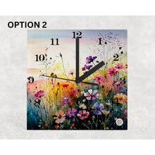 Load image into Gallery viewer, Wild Flowers Glass Desk Clock, housewarming, birthday, anniversary, retirement gift for family, loved ones, freinds, colleagues, 3 patterns