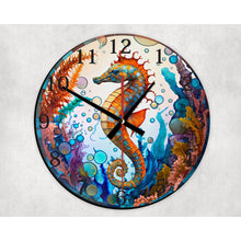 Load image into Gallery viewer, Seahorse glass wall clock, wall decor, faux stained glass, housewarming gift, birthday gift for family, freinds and colleagues