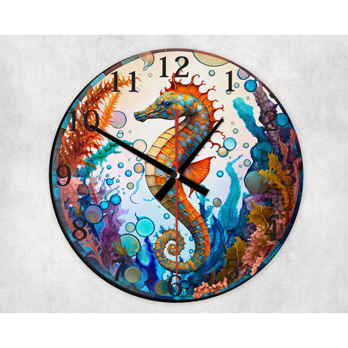 Seahorse glass wall clock, wall decor, faux stained glass, housewarming gift, birthday gift for family, freinds and colleagues