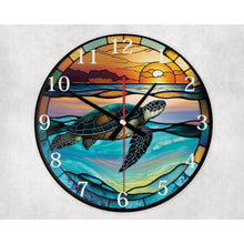 Load image into Gallery viewer, Sea Turtle glass wall clock, wall decor, faux stained glass, housewarming gift, birthday gift for family, freinds and colleagues