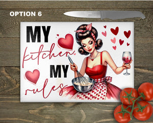 Vintage Pin-up Glass Chopping Board | Valentine Kitchen Decor | Retro Cooking Gift | Unique Housewarming Gift | Home Placemats - 8 Patterns