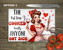 Load image into Gallery viewer, Vintage Pin-up Glass Chopping Board | Valentine Kitchen Decor | Retro Cooking Gift | Unique Housewarming Gift | Home Placemats - 8 Patterns