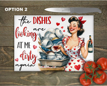 Load image into Gallery viewer, Retro Pin-up Glass Chopping Board | Valentine Kitchen Decor | Vintage Cooking Gift | Unique Housewarming Gift | Home Placemats - 7 Patterns