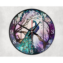 Load image into Gallery viewer, Peacock glass wall clock, wall decor, faux stained glass, housewarming gift, birthday gift for family, freinds and colleagues