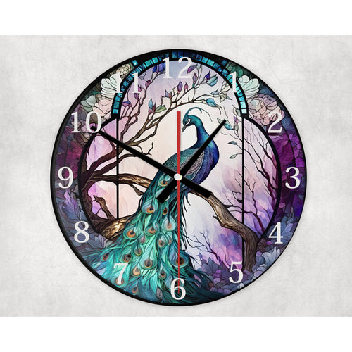 Peacock glass wall clock, wall decor, faux stained glass, housewarming gift, birthday gift for family, freinds and colleagues