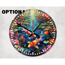 Load image into Gallery viewer, Koi Fish Pond glass wall clock, wall decor, faux stained glass, housewarming gift, birthday gift for family, freinds and colleagues