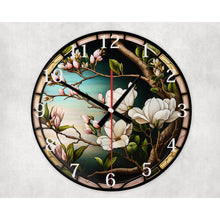 Load image into Gallery viewer, Blooming Magnolia round glass wall clock, wall decor, faux stained glass, housewarming gift, birthday gift for family, friends, colleagues