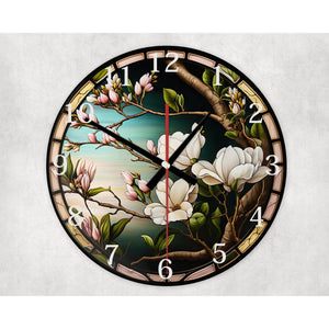 Blooming Magnolia round glass wall clock, wall decor, faux stained glass, housewarming gift, birthday gift for family, friends, colleagues