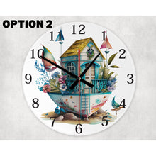 Load image into Gallery viewer, Beach Huts and Boat round glass wall clock, wall decor, faux stained glass, housewarming gift, birthday gift for family, friends, colleagues