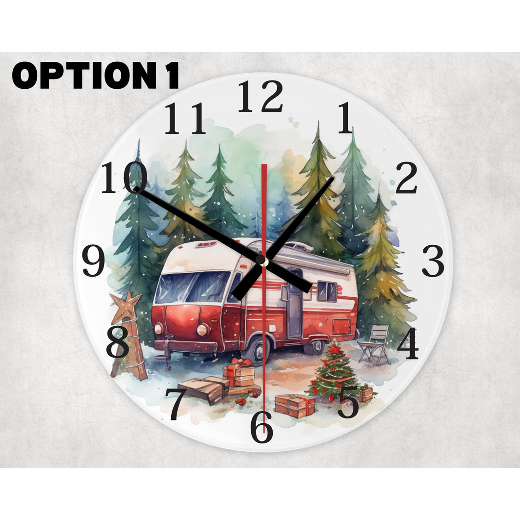 Winter Campervan Holiday round glass wall clock, wall decor, housewarming gift, birthday gift for family and friends, 3 patterns