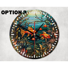 Load image into Gallery viewer, Underwater Marine Life round glass wall clock, wall decor, faux stained glass, housewarming or birthday gift for family, friends, 6 patterns