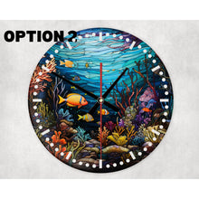 Load image into Gallery viewer, Underwater Marine Life round glass wall clock, wall decor, faux stained glass, housewarming or birthday gift for family, friends, 6 patterns