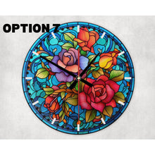 Load image into Gallery viewer, Flower Bouquets round glass wall clock, wall decor, faux stained glass design, housewarming or birthday gift for family, friends, 9 patterns