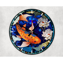 Load image into Gallery viewer, Japanese Koi Fish round glass wall clock, wall decor, faux stained glass design, housewarming or birthday gift for family and friends