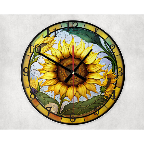 Sunflower round glass wall clock, wall decor, faux stained glass design, housewarming or birthday gift for family and friends