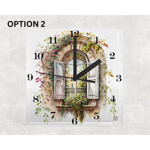 Floral Window Glass Desk Clock, housewarming, birthday, anniversary, retirement gift for family, loved ones, freinds, colleagues