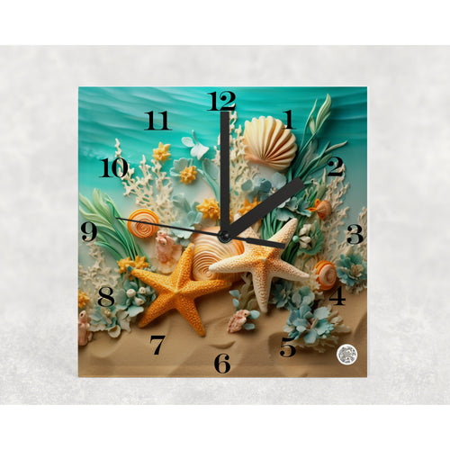 Sea Stars and Shells Glass Desk Clock, housewarming, birthday, anniversary, retirement gift for family, loved ones, freinds, colleagues