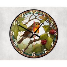Load image into Gallery viewer, Robin flower glass wall clock, wall decor,faux stained glass, housewarming gift, birthday gift for family, freinds, colleague