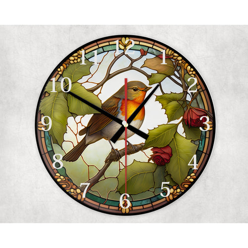 Robin flower glass wall clock, wall decor,faux stained glass, housewarming gift, birthday gift for family, freinds, colleague