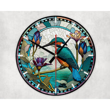 Load image into Gallery viewer, Kingfisher glass wall clock, wall decor, faux stained glass, housewarming gift, birthday gift for family, freinds and colleagues