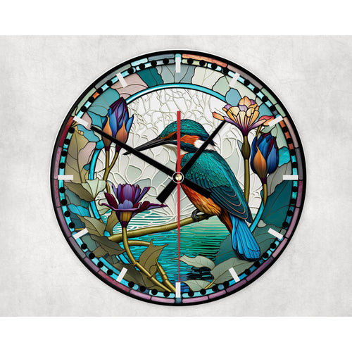 Kingfisher glass wall clock, wall decor, faux stained glass, housewarming gift, birthday gift for family, freinds and colleagues