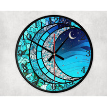 Load image into Gallery viewer, Crescent Moon glass wall clock, wall decor, faux stained glass, housewarming gift, birthday gift for family, freinds and colleagues