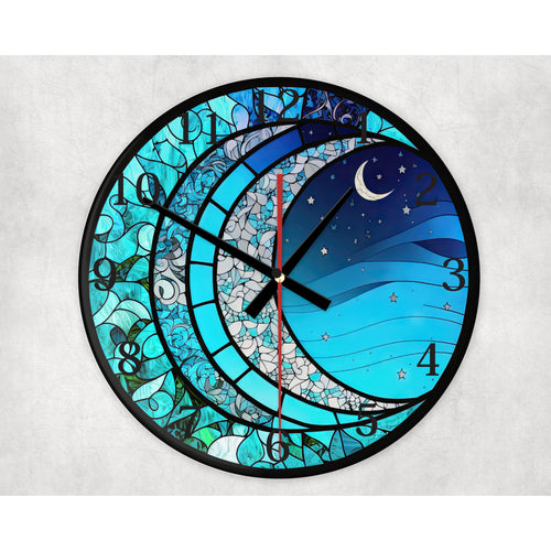 Crescent Moon glass wall clock, wall decor, faux stained glass, housewarming gift, birthday gift for family, freinds and colleagues