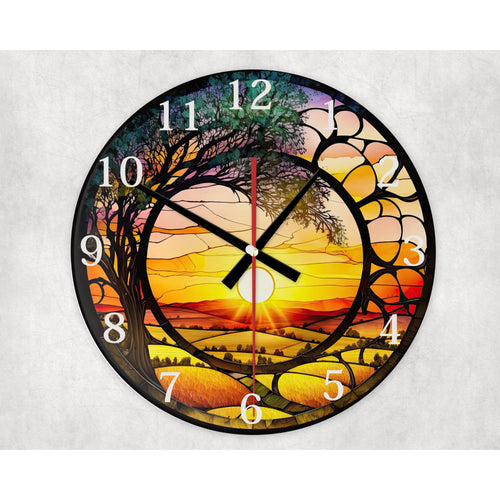 Countryside Sunset glass wall clock, wall decor, faux stained glass, housewarming gift, birthday gift for family, freinds and colleagues