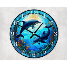 Load image into Gallery viewer, Dolphins glass wall clock, wall decor, faux stained glass, housewarming gift, birthday gift for family, freinds and colleagues