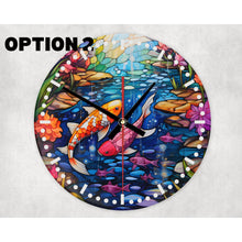 Load image into Gallery viewer, Koi Fish Pond glass wall clock, wall decor, faux stained glass, housewarming gift, birthday gift for family, freinds and colleagues