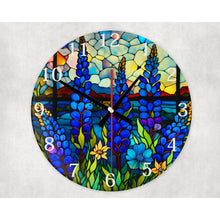 Load image into Gallery viewer, Bluebonnets glass wall clock, wall decor, faux stained glass, housewarming gift, birthday gift for family, freinds and colleagues